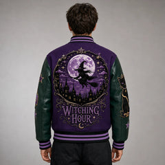 Rear view of purple Witching Hour jacket showing flying witch, full moon, gothic town and ornate embroidered back design