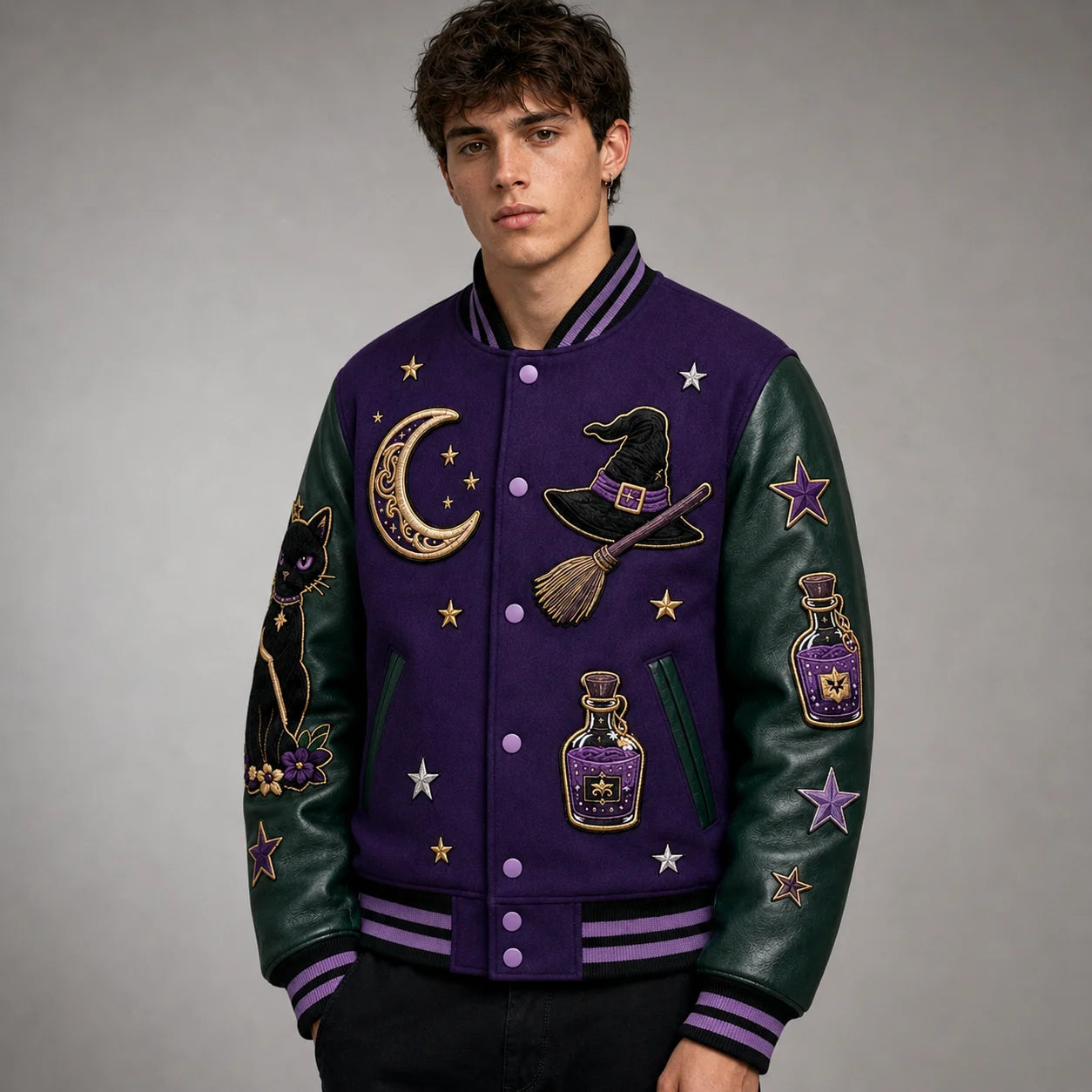 Three-quarter model view of purple Halloween varsity jacket with black cat, moon, witch hat and potion patches