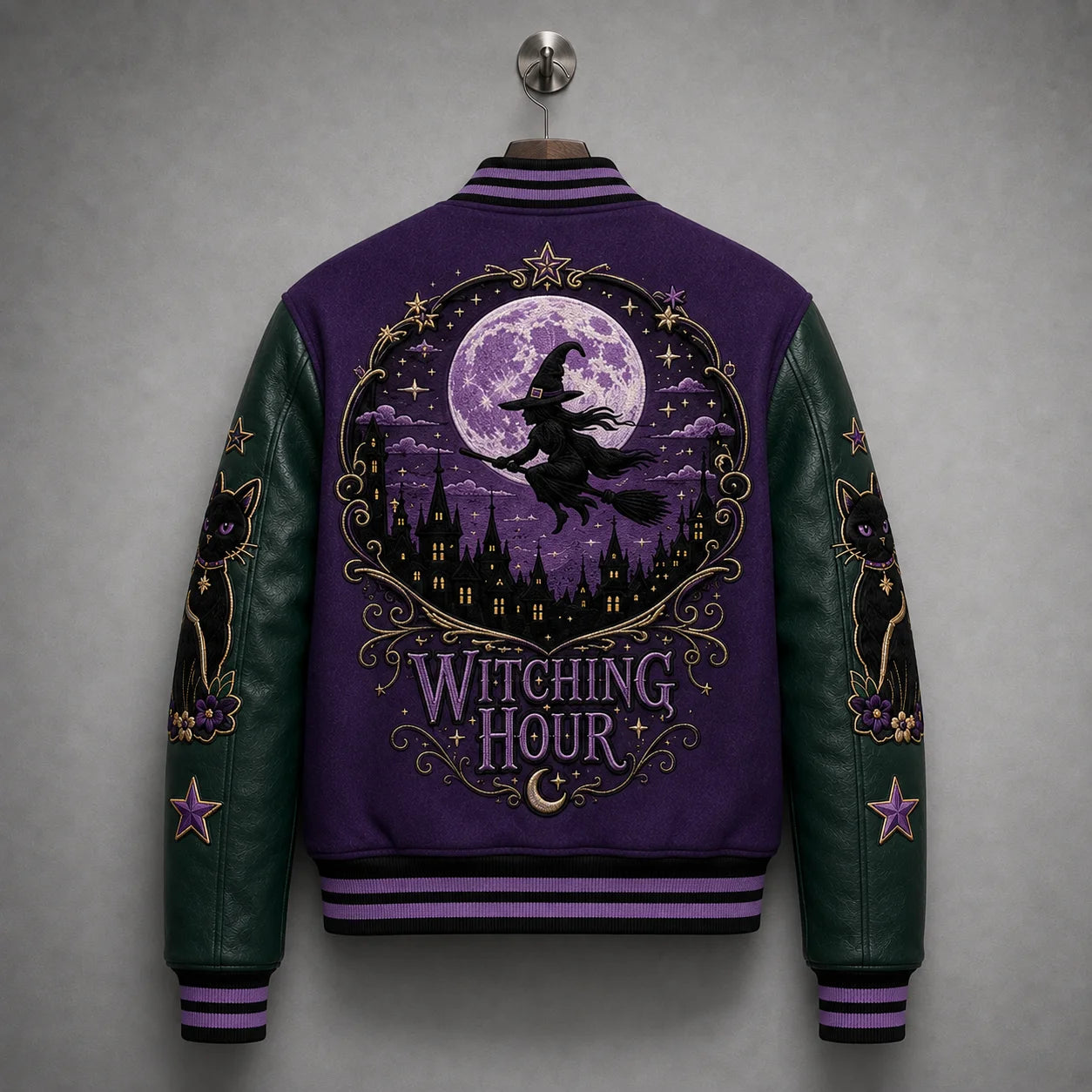 Hanging rear view highlighting Witching Hour full moon, flying witch and gothic castle artwork on purple jacket