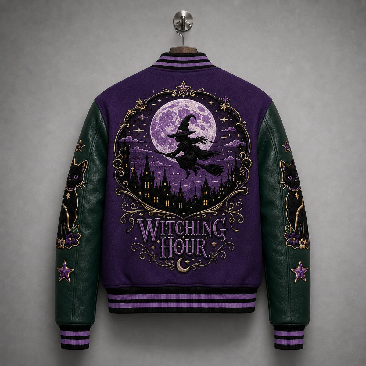 Hanging rear view highlighting Witching Hour full moon, flying witch and gothic castle artwork on purple jacket