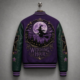 Hanging rear view highlighting Witching Hour full moon, flying witch and gothic castle artwork on purple jacket