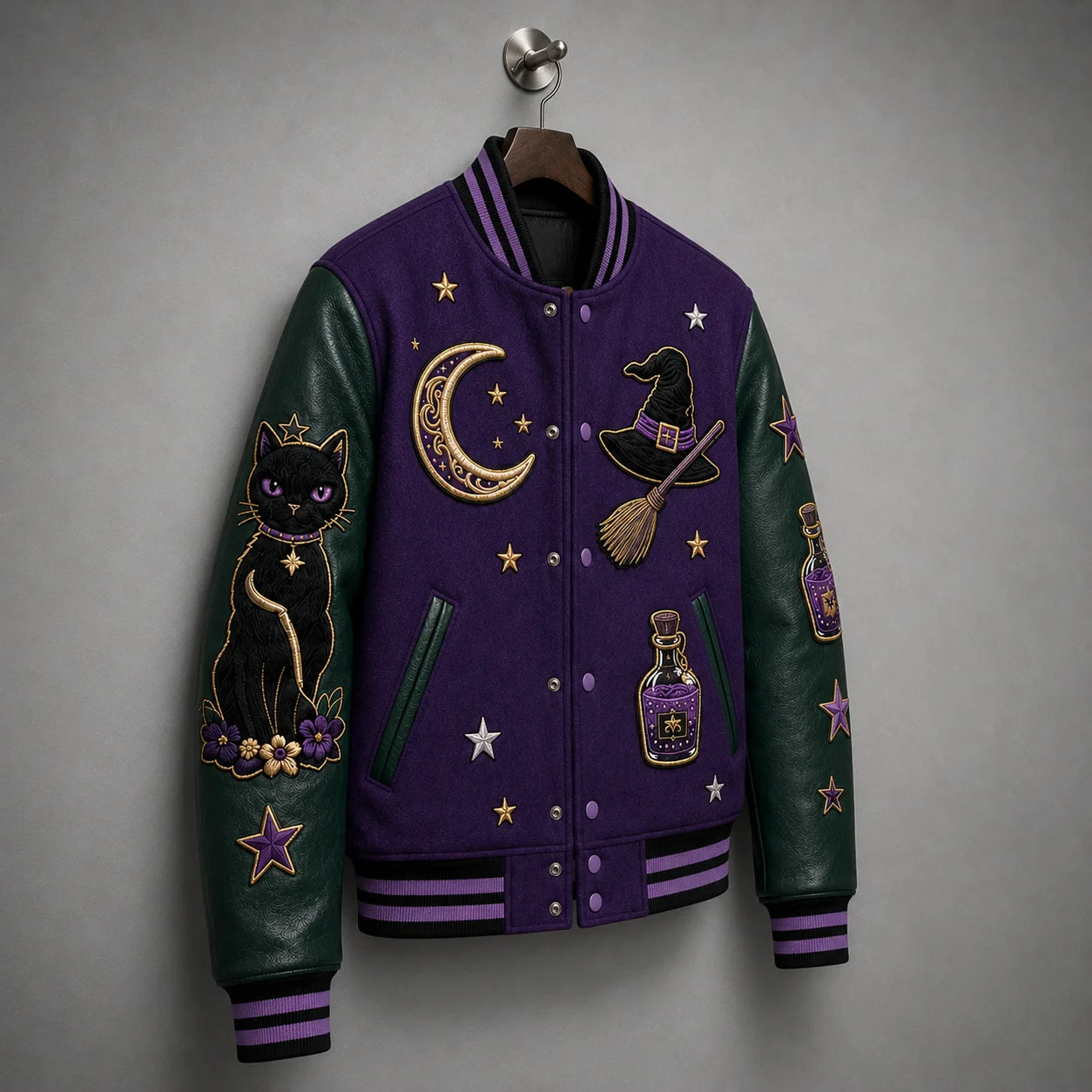 Angled product view showing embroidered black cat, crescent moon, witch hat, potion bottle and star details