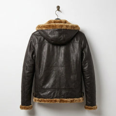 Back view of hooded women’s brown shearling leather bomber jacket