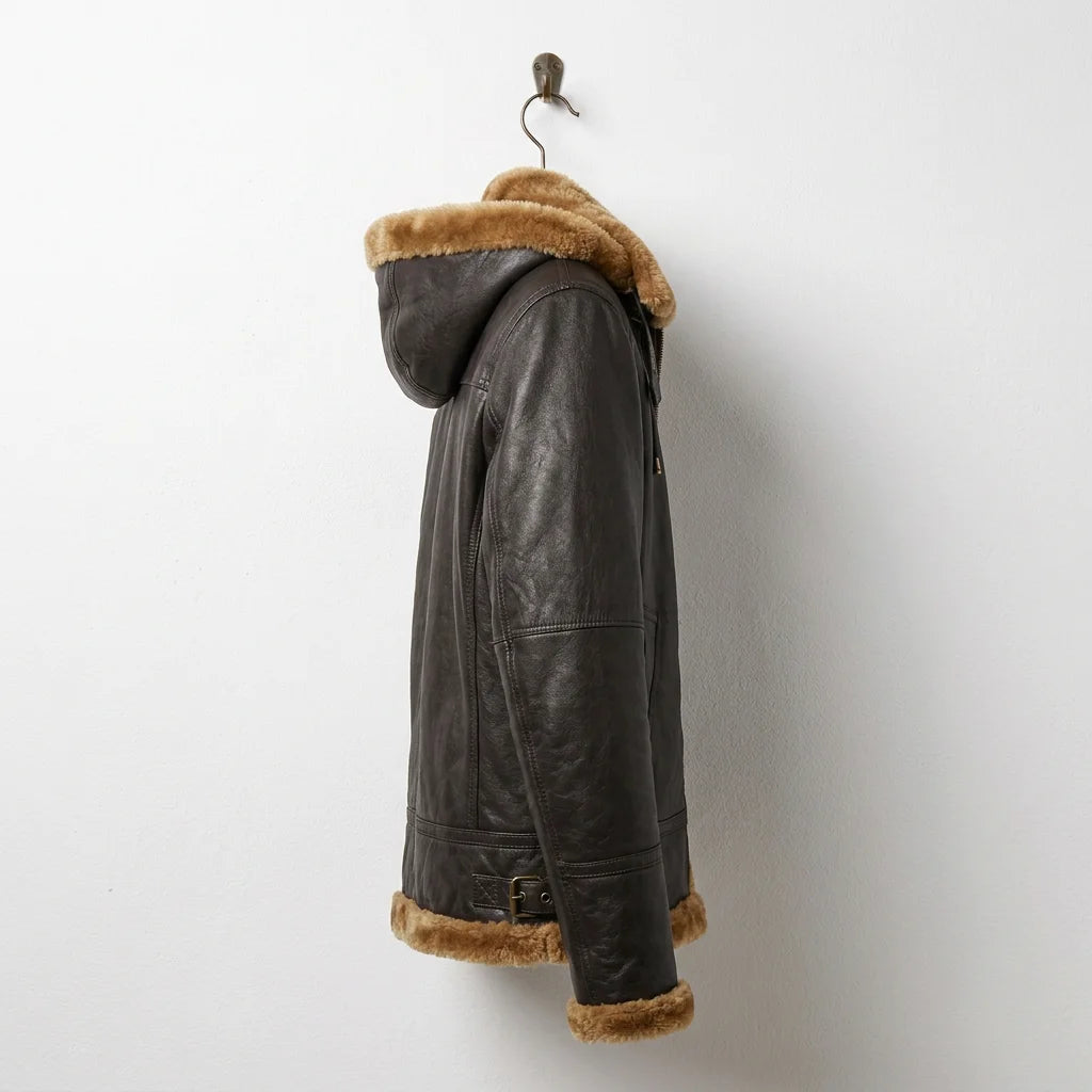 Side profile of women’s B3 aviator shearling leather jacket with hood