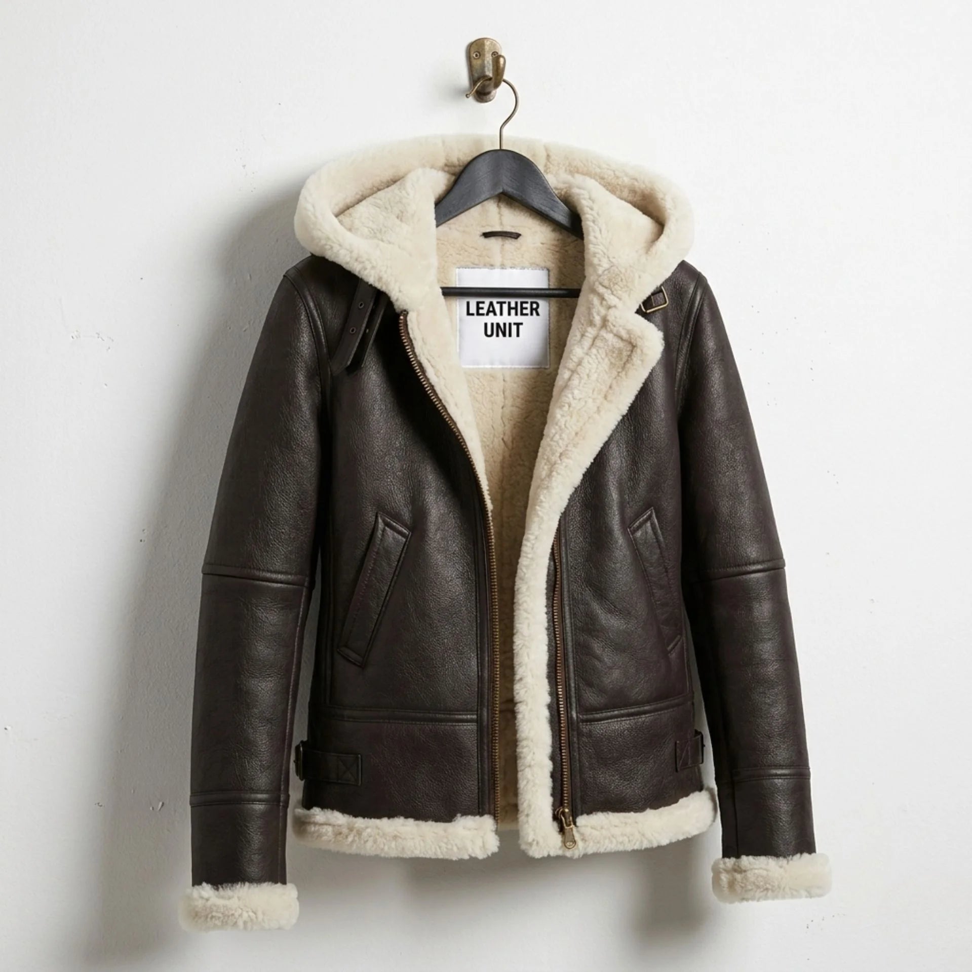 Front view of Leather Unit women’s brown B3 shearling aviator hooded leather jacket on hanger
