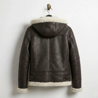 Back view of women’s brown hooded shearling aviator leather jacket with hem buckles