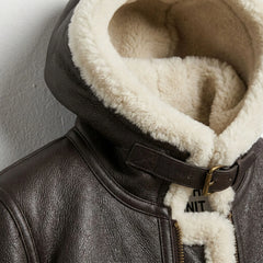 Close up of hood and collar buckle on women’s brown B3 shearling aviator jacket