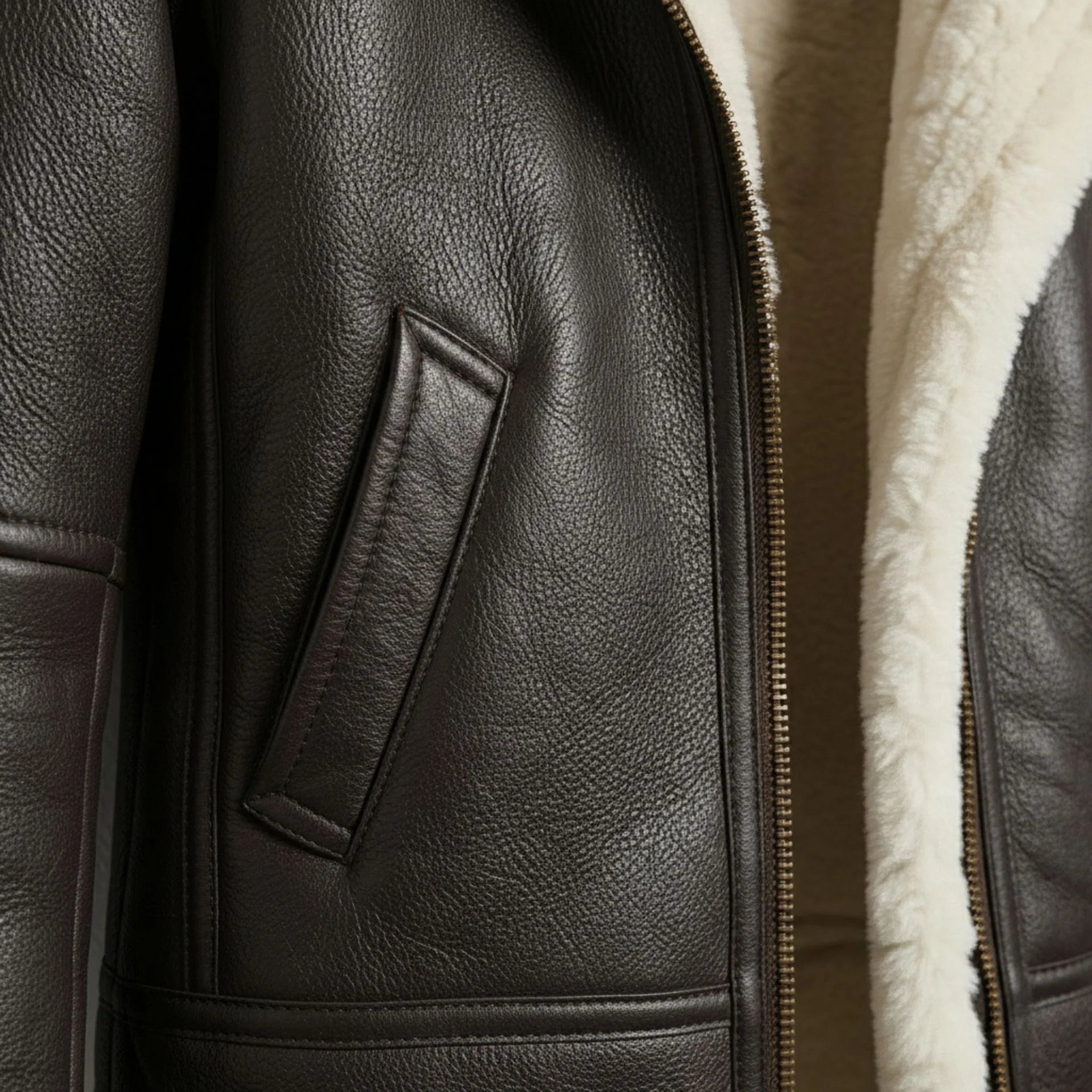 Close up of front pocket and zipper on women’s brown shearling leather bomber jacket