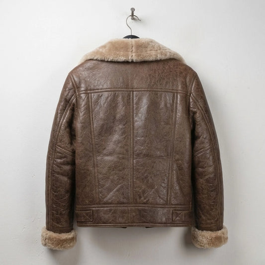 Back view of women’s brown B3 shearling aviator leather jacket