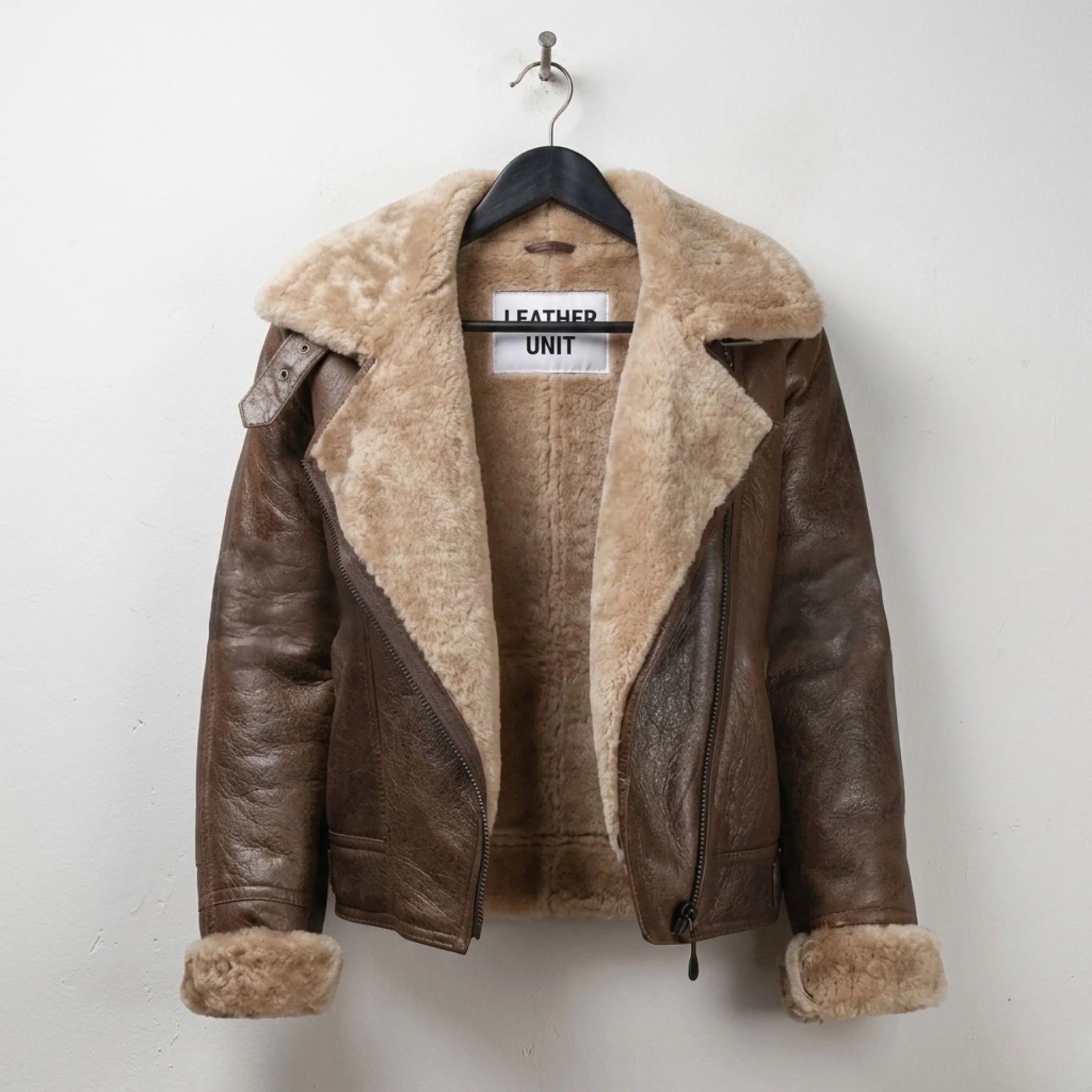 Front view of women’s B3 shearling brown leather bomber jacket by Leather Unit