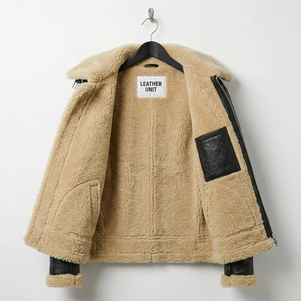 Inner View of Women’s black aviator shearling leather jacket by Leather Unit