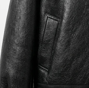 Pocket detail of Women’s black aviator shearling leather jacket