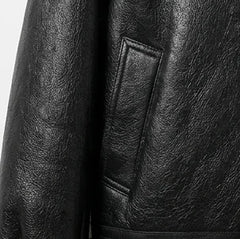 Pocket detail of Women’s black aviator shearling leather jacket