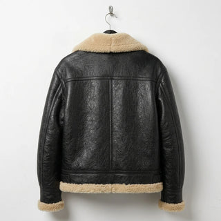 Back View of Women’s black aviator shearling leather jacket 