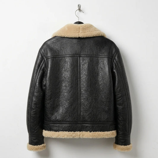 Back View of Women’s black aviator shearling leather jacket 