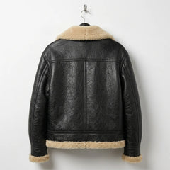 Back View of Women’s black aviator shearling leather jacket 