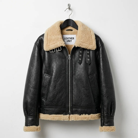 Front View of Women’s black aviator shearling leather jacket by Leather Unit