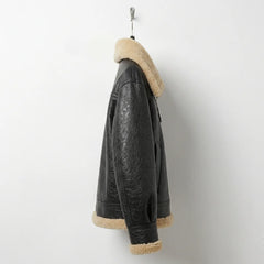 Side View of Women’s black aviator shearling leather jacket