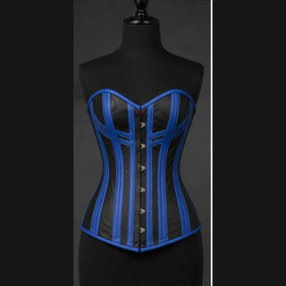 Front mannequin view of black blue steel boned leather corset showing sweetheart shape and central metal busk