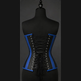 Back product view of genuine leather corset with wide criss-cross lacing, metal eyelets and blue side accents