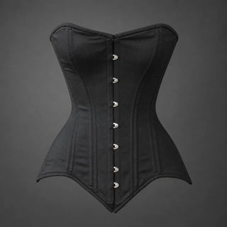 Front product view of black cotton overbust corset showing shaped bust panels and silver-tone busk fastening