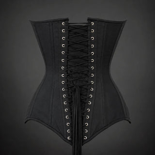 Back product view of black overbust corset with adjustable black lacing, metal eyelets and vertical boning channels