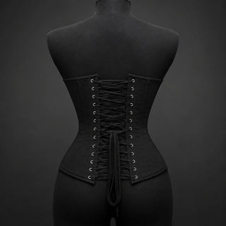 Back product view of women’s steel boned corset with criss-cross cord lacing, metal eyelets and structured waist shaping