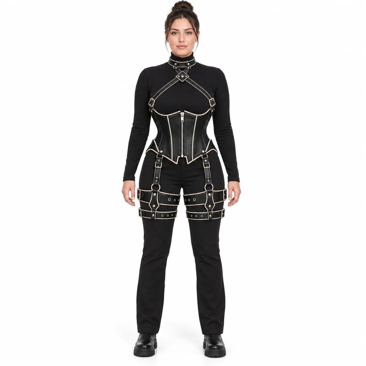 Full front view of gothic corset harness set worn over a black long-sleeve top and trousers against a white studio background.