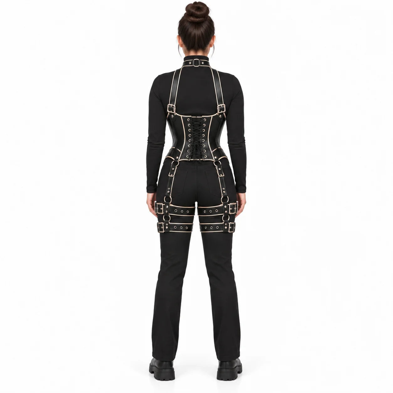 Full rear view of women's leather corset harness revealing eyelet lacing, adjustable back straps and symmetrical thigh buckles.