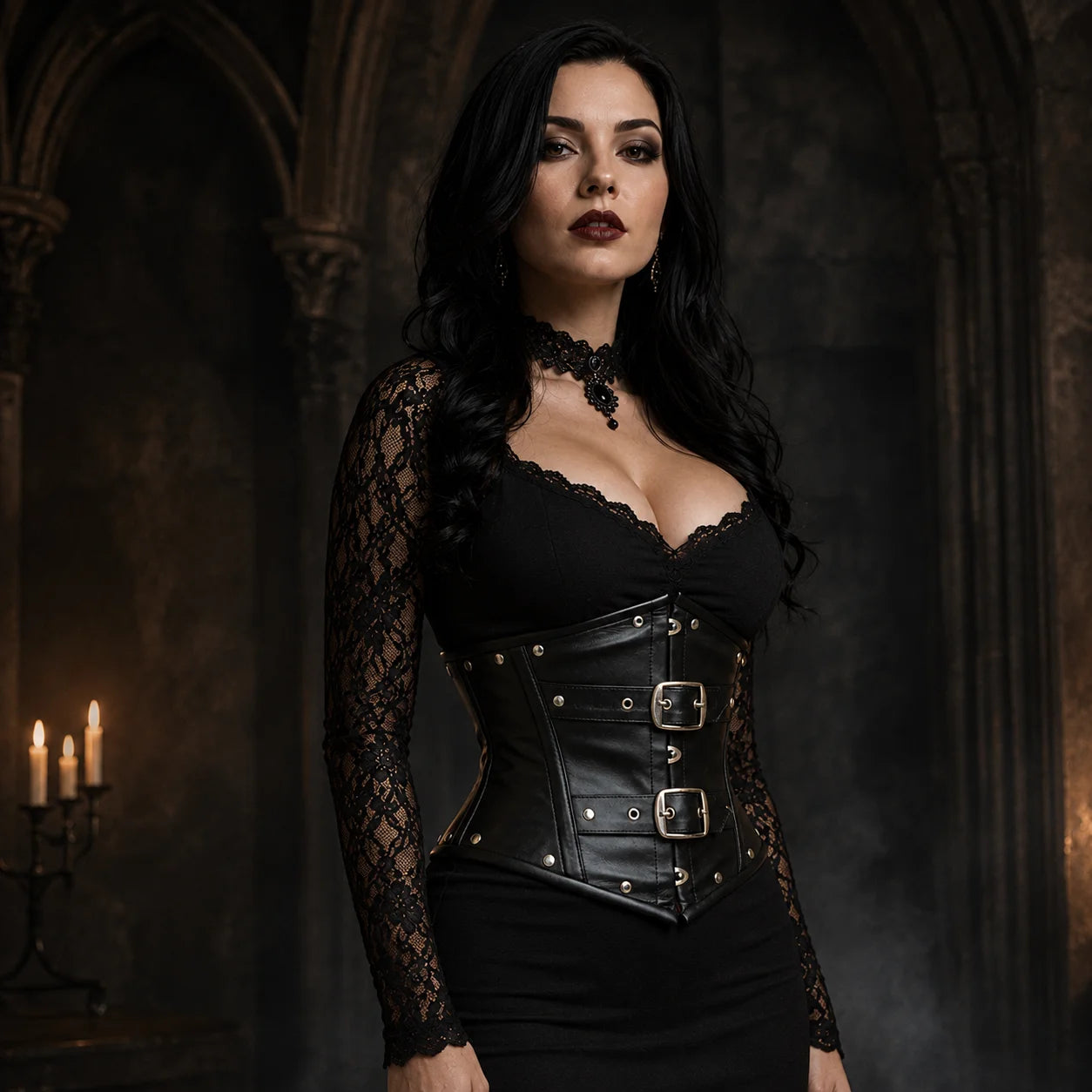 Three-quarter gothic outfit view highlighting the black leather corset waist, front buckles and silver-tone stud details.