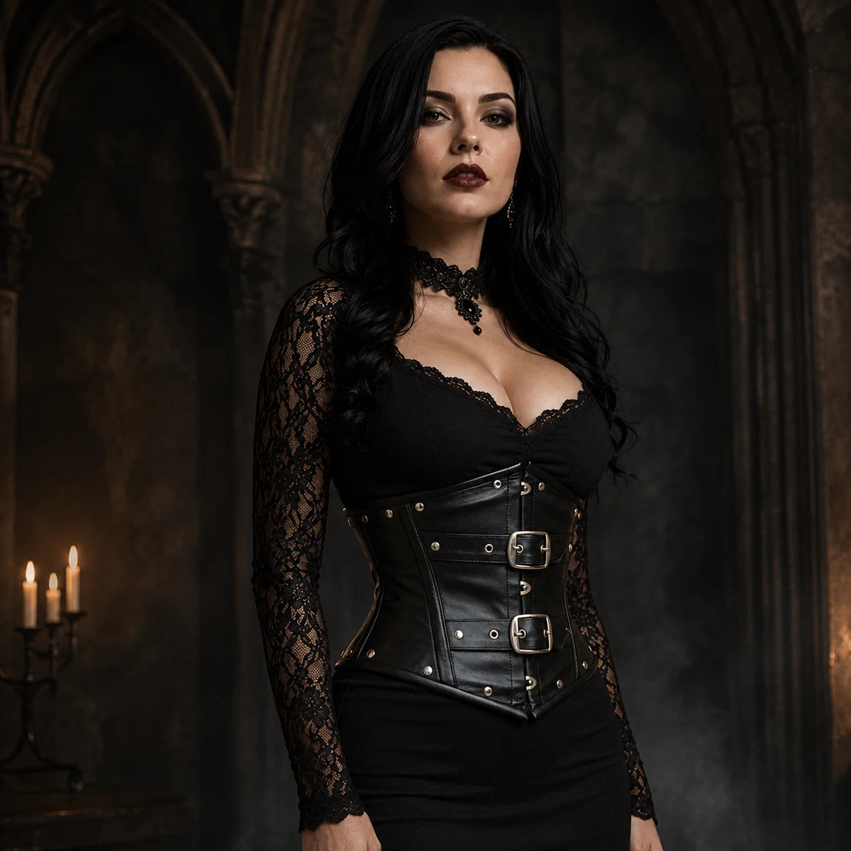 Three-quarter gothic outfit view highlighting the black leather corset waist, front buckles and silver-tone stud details.