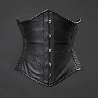 Front product view of black cowhide underbust corset showing shaped horizontal leather panels and silver-tone clasps.