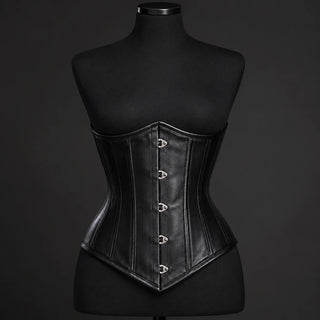 Studio front view of black cowhide leather underbust corset showing pointed hem and front busk-style closure