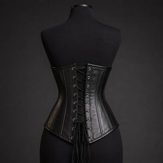 Studio back view of black leather underbust corset with eyelets, adjustable lacing and shaped rear panels