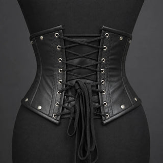 Back product view showing adjustable black cross lacing, rows of eyelets and stud accents on the leather corset.