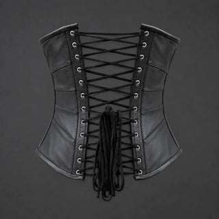 Back product view of black leather underbust corset with exposed cross lacing through two rows of metal-look eyelets.