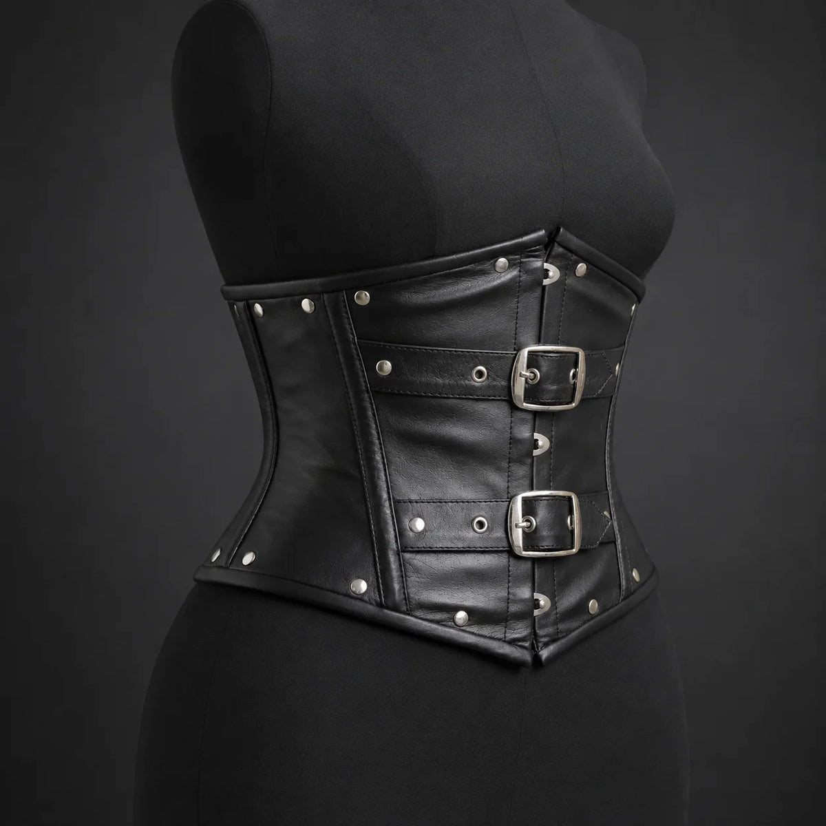 Three-quarter product angle showing short underbust cut, leather panel construction, buckle straps and studded edges.