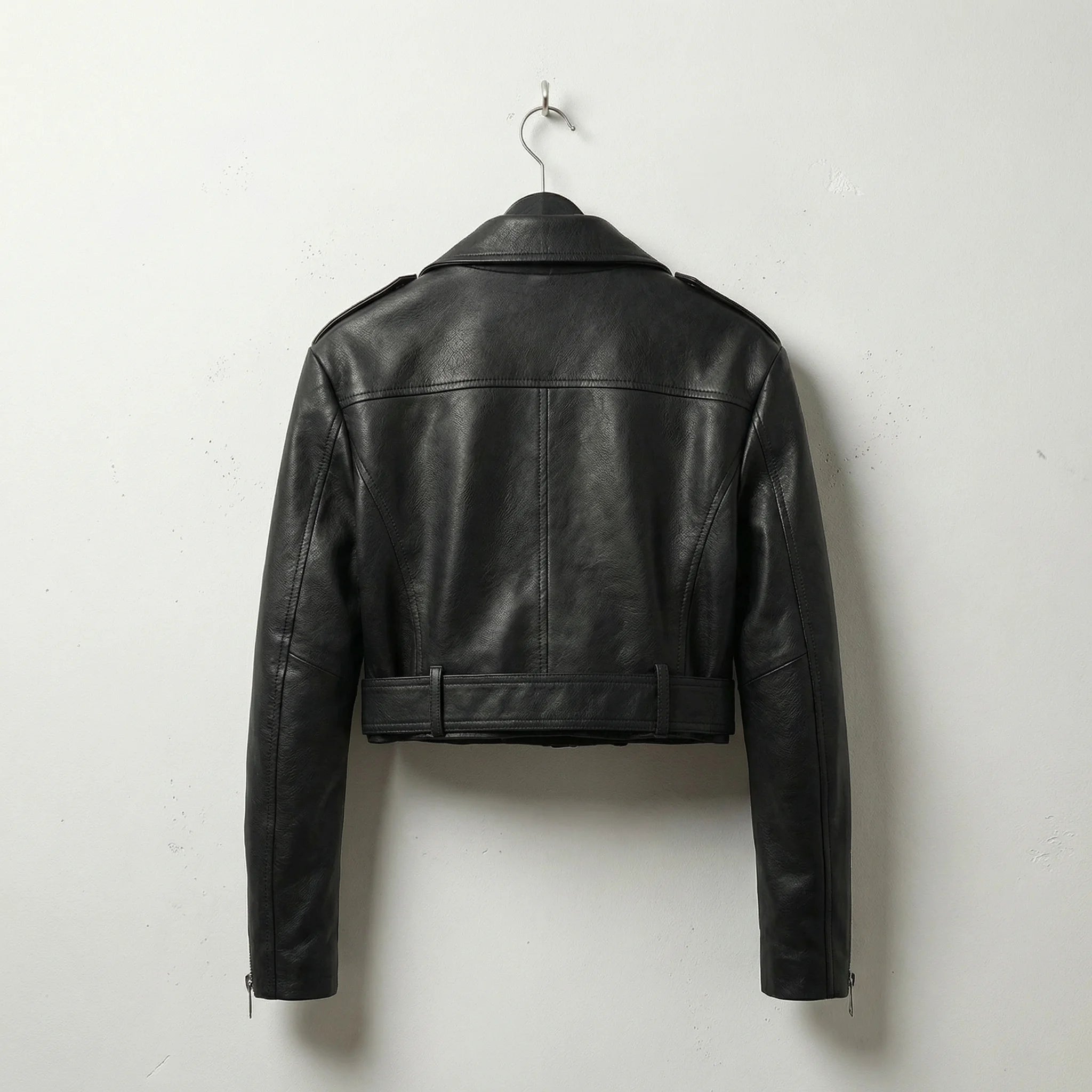 Back view of women’s black cropped leather motorcycle jacket