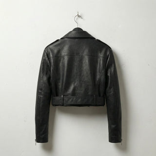 Back view of women’s black cropped leather motorcycle jacket