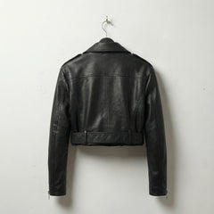 Back view of women’s black cropped leather motorcycle jacket