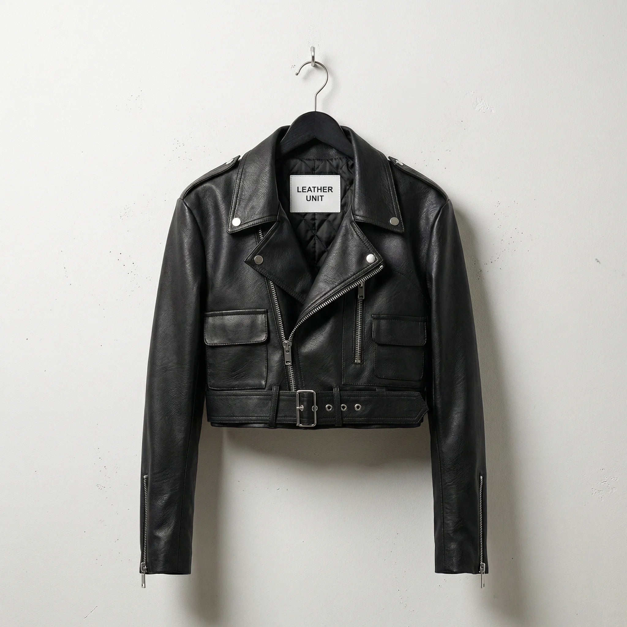 Front view of women’s black cropped leather biker jacket with belt by Leather Unit