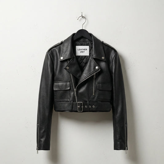 Front view of women’s black cropped leather biker jacket with belt by Leather Unit