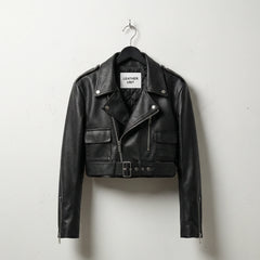 Front view of women’s black cropped leather biker jacket with belt by Leather Unit