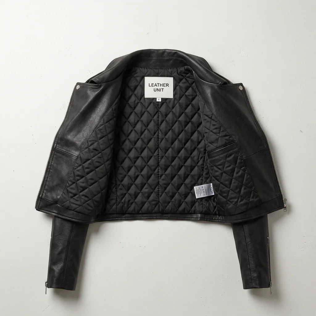 Inside view showing quilted lining of women’s black cropped leather biker jacket