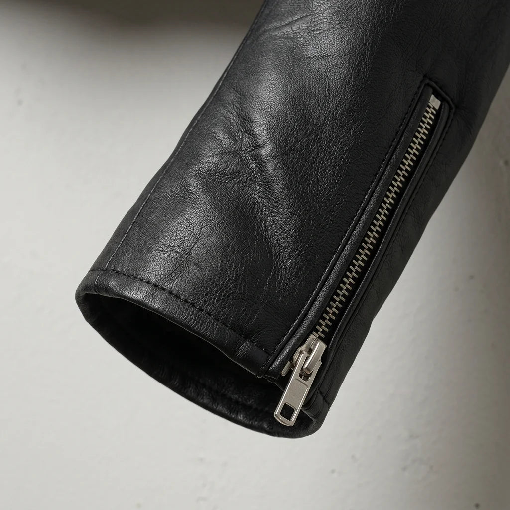 Sleeve with zip cuff on women’s black cropped leather moto jacket