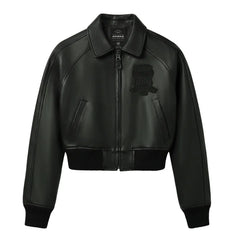 Women’s black cropped leather bomber jacket front view with zip closure, fold-down collar, welt pockets and rib-knit waist