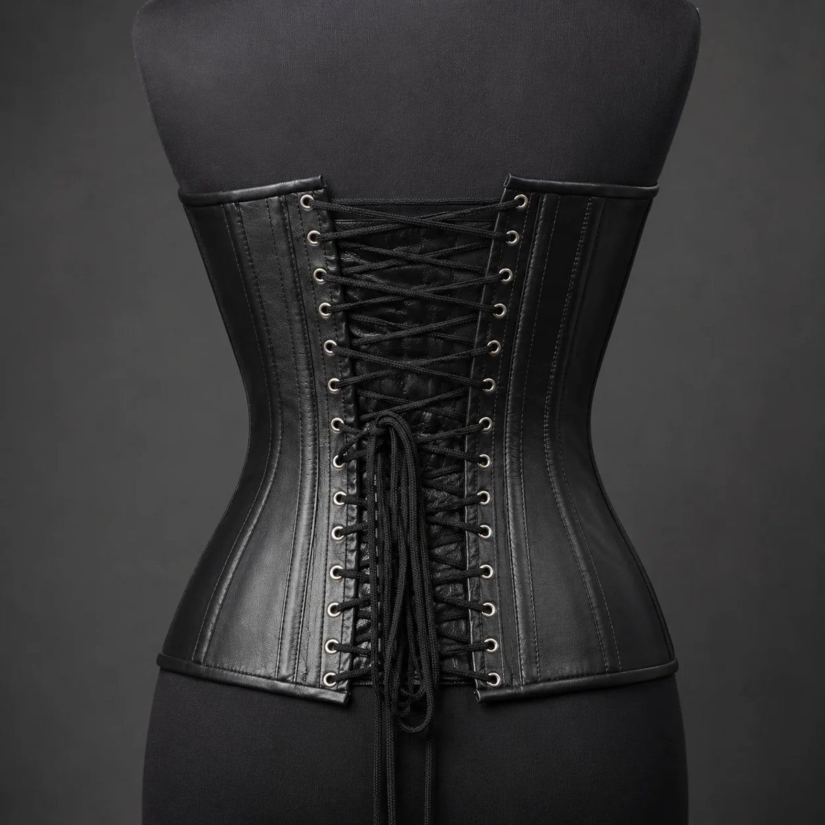 Back product view showing black leather corset rear lacing, metal eyelets, modesty panel and contoured waist seams.