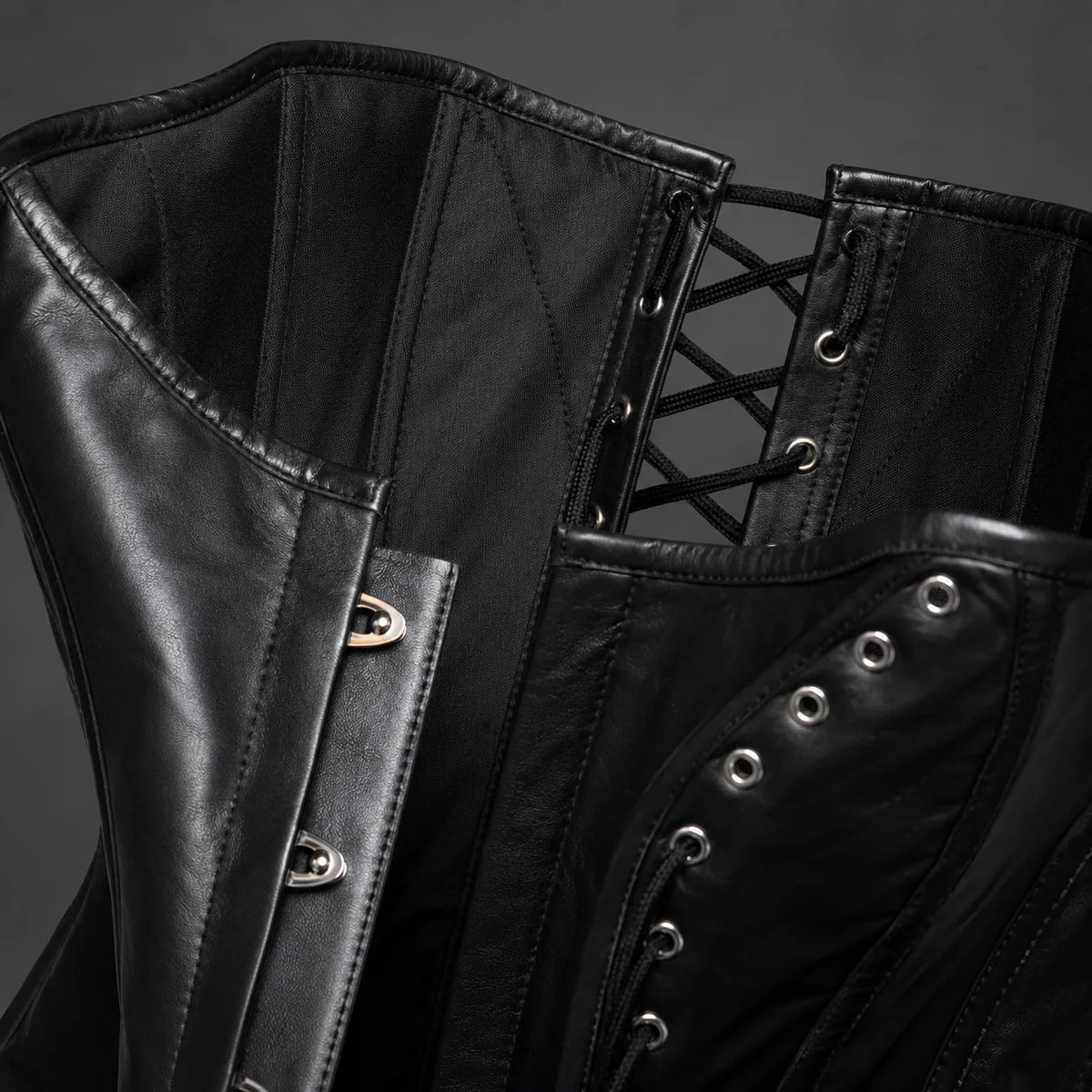 Close-up of black leather corset construction showing eyelets, rear lacing, inner fabric panels, stitching and busk detail.
