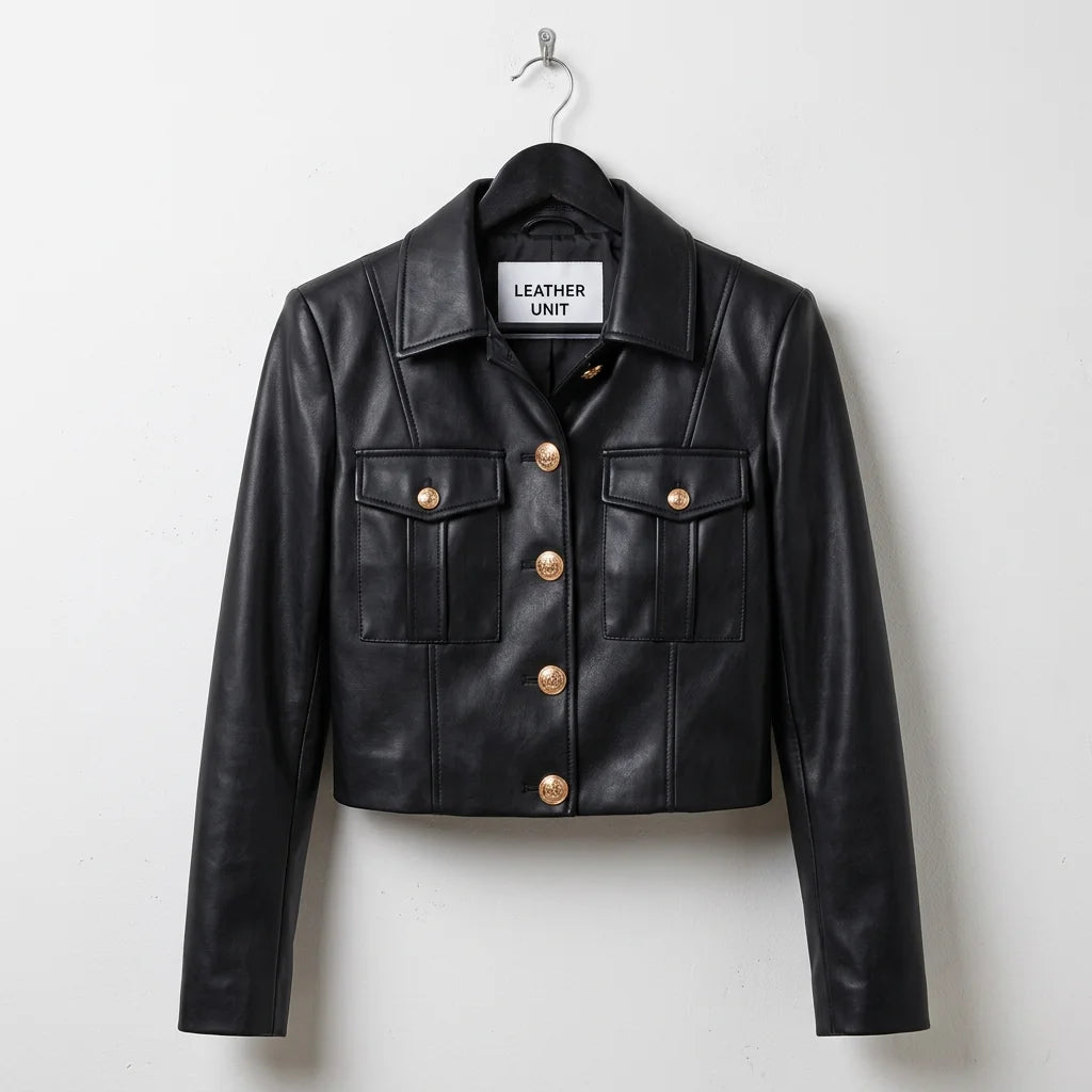Front view of women’s black leather military jacket with gold buttons by Leather Unit