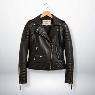 front view womens black leather motorcycle jacket with gold zips by Leather Unit.